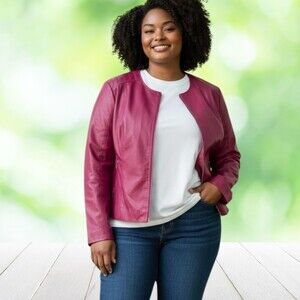 Vintage JESSICA LONDON Leather Jacket Fuchsia Collarless Moto Zip Plus 24W Y2K